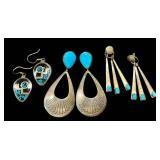 Sterling Silver Turquoise Earrings Set - 3 Pairs, Longest
