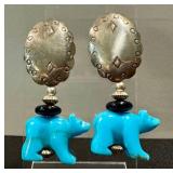 Artist-Crafted Sterling Silver Turquoise Bear Earrings - 2" Post Backs