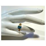 Emerald-Cut Blue Topaz Ring in 10K Gold - Size 6, Filigree Band, 4-Prong Setting