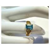 Emerald-Cut Blue Topaz Ring in 10K Gold - Size 6, Filigree Band, 4-Prong Setting