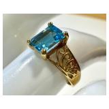 Emerald-Cut Blue Topaz Ring in 10K Gold - Size 6, Filigree Band, 4-Prong Setting