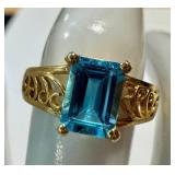 Emerald-Cut Blue Topaz Ring in 10K Gold - Size 6, Filigree Band, 4-Prong Setting