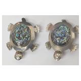 Pair of Turtle Brooches - Alpaca Alloy with Abalone Inlay, 2 Pieces, One Clasp Damaged