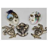 De Coranto Mask Brooches - Lot of 5 - White, Jester & Female Masks - Made in Italy