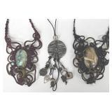 Macrame Necklace Set - Moss Agate 24 in - Jasper & Tiger Eye 21 in - Leather Pendant  (Lot of 3)