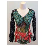Vintage Jean Paul Gaultier - Black & Multi Print Open Back Semi Sheer Top