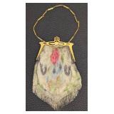 Antique Beaded Mesh Purse Gold-Tone Frame & Chain