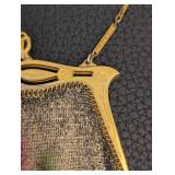 Antique Beaded Mesh Purse Gold-Tone Frame & Chain