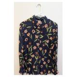 Oilily Floral Blouse - Navy with Pink/Brown Flowers - 36/Medium - 100% Viscose - Made in Portugal