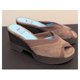 Thierry Rabotin Brown Suede & Fabric Wedge Sandal - Peep Toe EU 36 / US 6