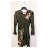 JW Los Angeles Embroidered Dress - Olive Green - Floral & Crane Motif - Size Small