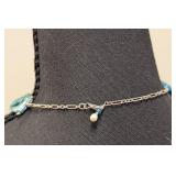 Beaded Collar Necklace - Gradient Blue Beads with White Swirl Pattern, Pearl Tassel