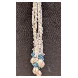 Beaded Collar Necklace - Gradient Blue Beads with White Swirl Pattern, Pearl Tassel