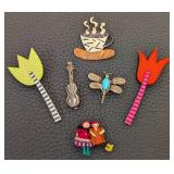 Sterling Violin Brooch & Floral and Folk Art Pins (Lot of 6)
