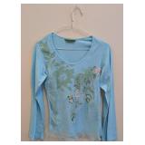Oilily Floral-Embroidered Light Blue Long-Sleeve Shirt - Size Small