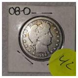 1908 O Barber Silver Quarter 25c