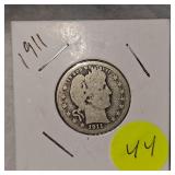 1911 O Barber Silver Quarter 25c