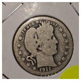 1911 O Barber Silver Quarter 25c