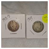 1907,1913D Barber Quarters 25c