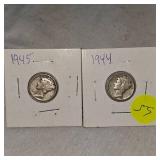 1944VF, 1945VF, Mercury Dimes 10c