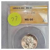 1952 S ANACS MS66 Washington 25c