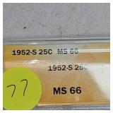 1952 S ANACS MS66 Washington 25c