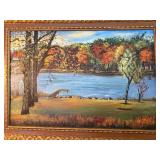 Autumn Lake Landscape by Alice P. - Oil on Canvas, Framed 30 x 42 in