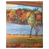 Autumn Lake Landscape by Alice P. - Oil on Canvas, Framed 30 x 42 in