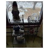 Gnome Garden Statue - Glass Globe on Iron Plant Stand - Ceramic Pots - Garden Decor