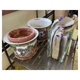 Gnome Garden Statue - Glass Globe on Iron Plant Stand - Ceramic Pots - Garden Decor