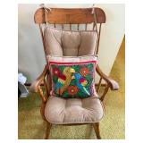 Wooden Rocking Chair - Cushions and Colorful Parrot Throw Pillow