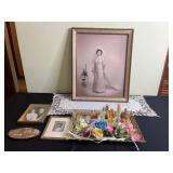 Vintage Wedding Portrait in Ornate Frame, Vanity Tray With Perfume Bottles & Photo Frames