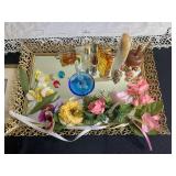 Vintage Wedding Portrait in Ornate Frame, Vanity Tray With Perfume Bottles & Photo Frames