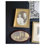 Vintage Wedding Portrait in Ornate Frame, Vanity Tray With Perfume Bottles & Photo Frames