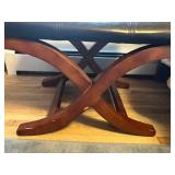 Mid-Century Cross-Leg Ottoman Footstool - Black Leather, 16 in H x 22 in W & Floor Rug