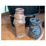 Vintage Black Wood Bucket with Logs, Stoneware Jugs & Clamp Stand - Rustic Workshop Decor