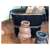 Vintage Black Wood Bucket with Logs, Stoneware Jugs & Clamp Stand - Rustic Workshop Decor