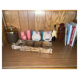 Vintage Wood Shelf Decor - Candles, Patience Plaques, Wine Bottle, Ladder Rack, & Books