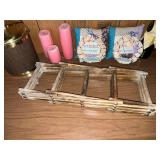 Vintage Wood Shelf Decor - Candles, Patience Plaques, Wine Bottle, Ladder Rack, & Books