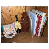 Vintage Wood Shelf Decor - Candles, Patience Plaques, Wine Bottle, Ladder Rack, & Books