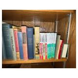 Books - Assorted Reference, Bible & Language Titles on Wooden Shelf