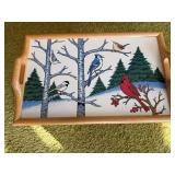 Serving Tray - Winter Birds Scene with Cardinal & Bluebird, Wooden Frame