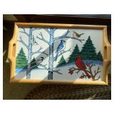 Serving Tray - Winter Birds Scene with Cardinal & Bluebird, Wooden Frame