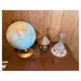 World Globe on Gold Stand with Brass Table Lamp & Cut-Crystal Decanter