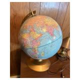 World Globe on Gold Stand with Brass Table Lamp & Cut-Crystal Decanter