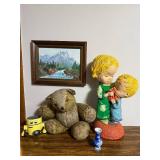 ROBBIE Yellow Robot Toy, Kissing Figurine, Vintage Teddy Bear, Framed Mountain Painting, Blue/White Vase Pair