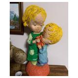 ROBBIE Yellow Robot Toy, Kissing Figurine, Vintage Teddy Bear, Framed Mountain Painting, Blue/White Vase Pair