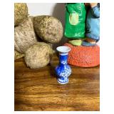 ROBBIE Yellow Robot Toy, Kissing Figurine, Vintage Teddy Bear, Framed Mountain Painting, Blue/White Vase Pair