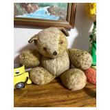 ROBBIE Yellow Robot Toy, Kissing Figurine, Vintage Teddy Bear, Framed Mountain Painting, Blue/White Vase Pair