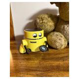 ROBBIE Yellow Robot Toy, Kissing Figurine, Vintage Teddy Bear, Framed Mountain Painting, Blue/White Vase Pair